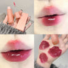 Collage of a pink lip gloss with close-ups on lips and hand.