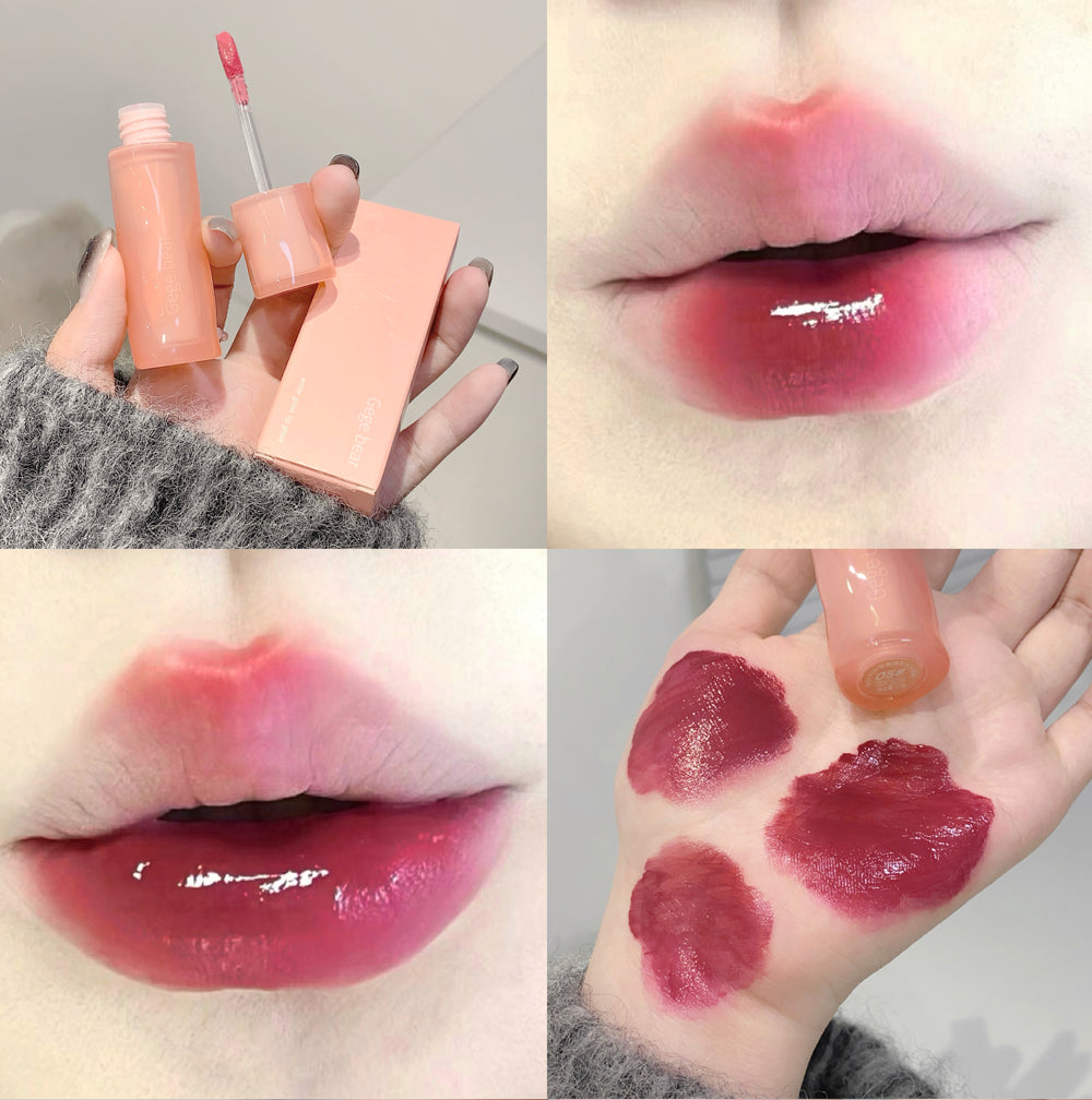 Collage of a pink lip gloss with close-ups on lips and hand.