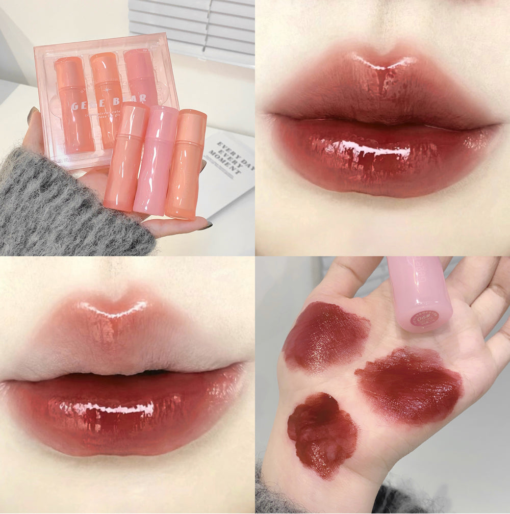 Collage of lip products including lipsticks and lip glosses, with close-ups of lips and swatches on a hand.