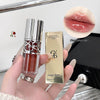 Lipstick and lipstick case held by a hand with a close-up of lips wearing the lipstick.