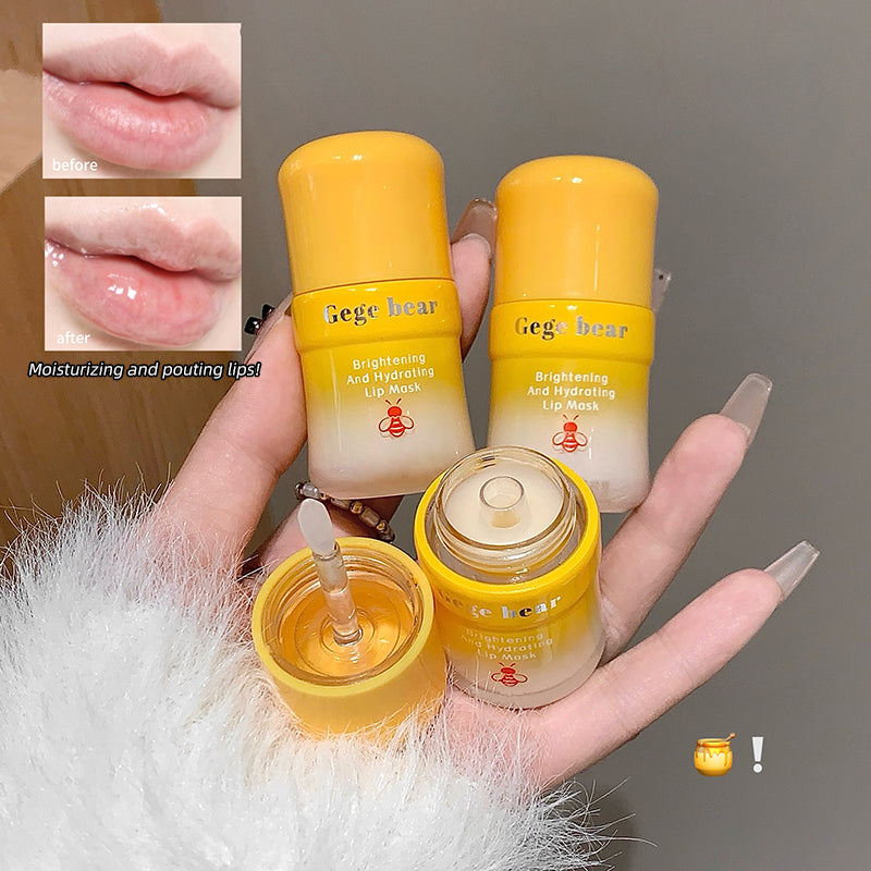 Four yellow and white cosmetic bottles with 'Gege bear' branding on a neutral background.
