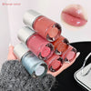 Set of nail polish bottles with a close-up of lips wearing a similar shade.