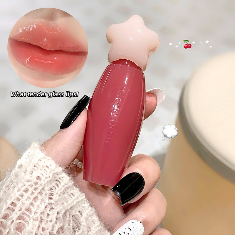 Lip balm with a star-shaped applicator held by a hand, close-up of lips with text 'What tender glass lips!'.
