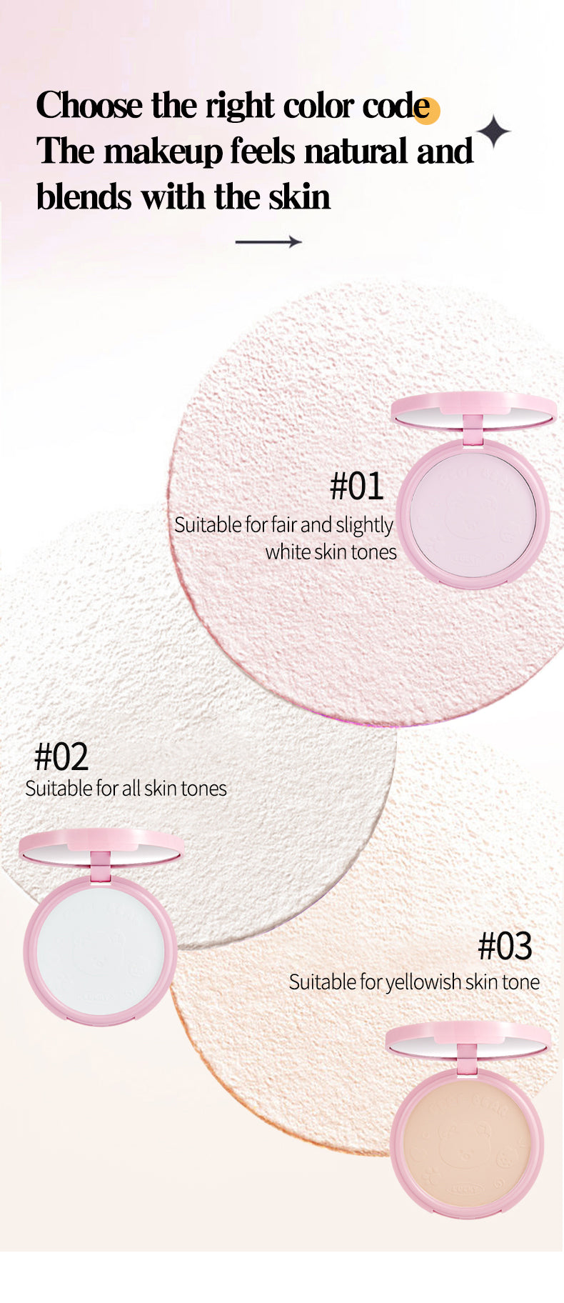 Makeup product with color options for different skin tones on a light pink background.