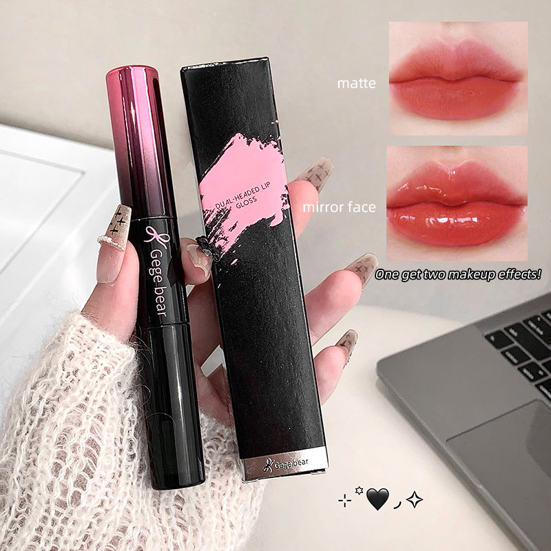 Lip gloss with packaging held by a hand, showing different makeup effects on lips.