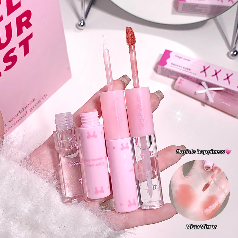 Set of pink lip products with a mirror and packaging in the background