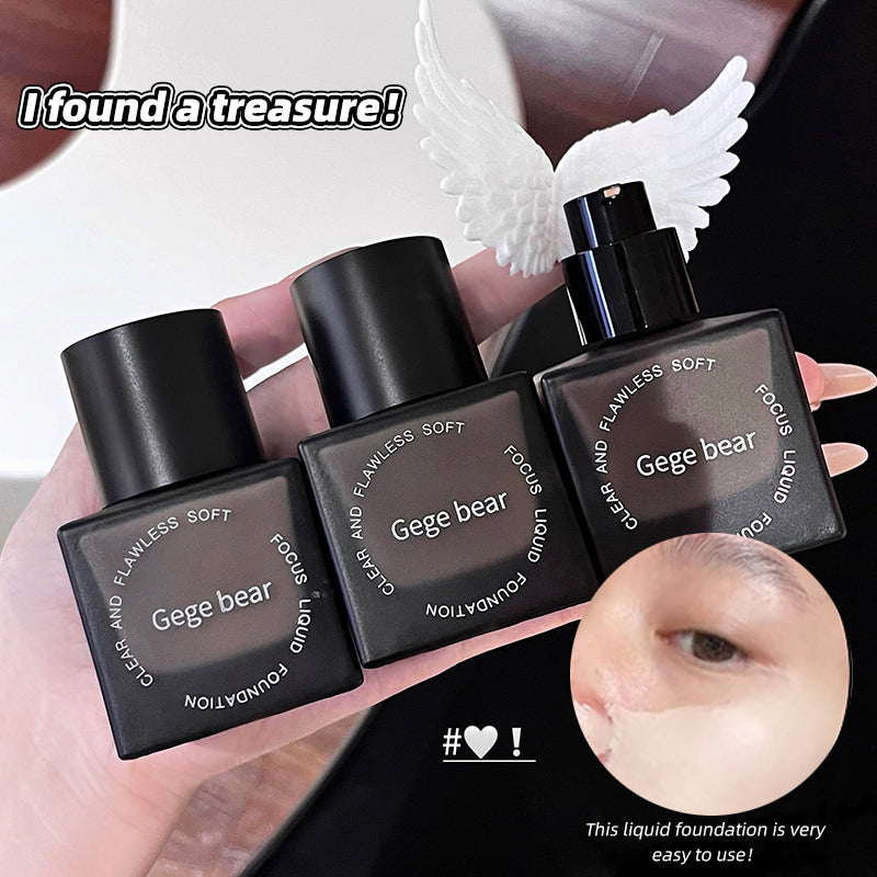 Three black Gege bear liquid foundation bottles held in a hand, with a close-up of skin and text indicating ease of use.