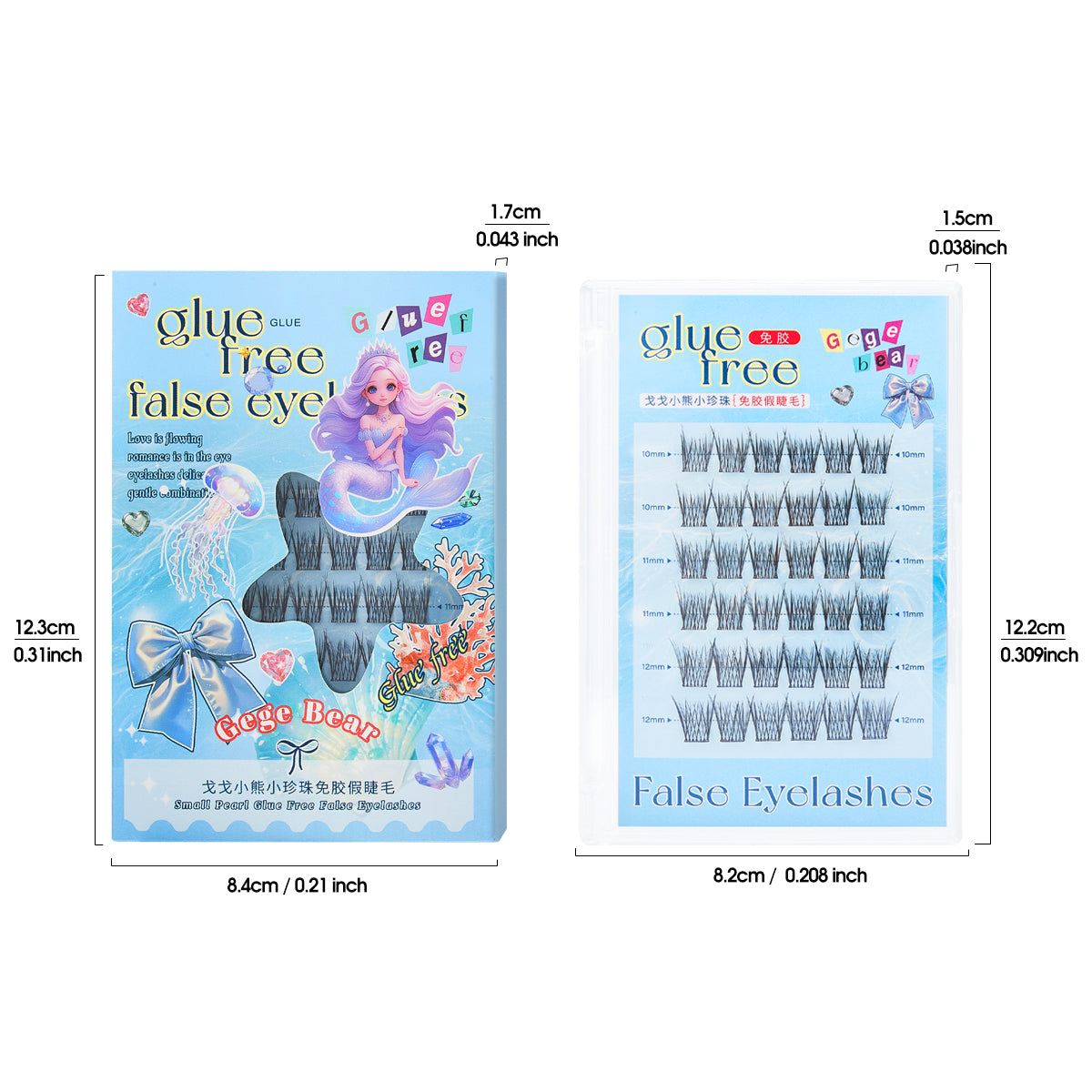 False eyelashes packaging with mermaid design and measurements on a white background