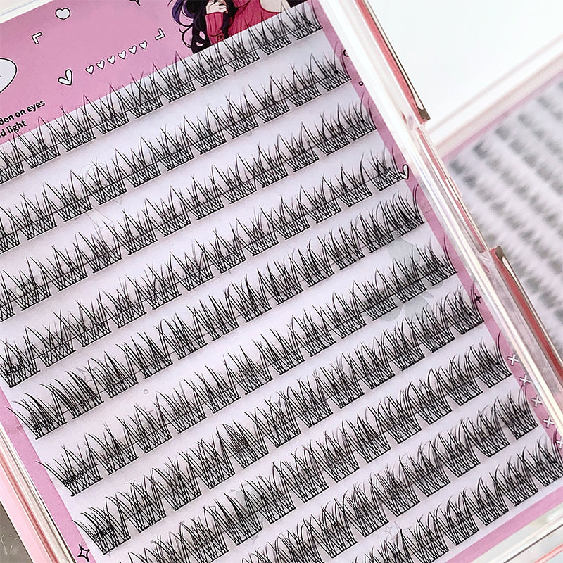 Set of false eyelashes in a pink case with a cartoon character on a pink background