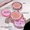 Pink cosmetic compact with 'Gee & Bear' branding, showing powder puff, mirror, and air cushion frost.