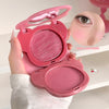 Pink blush compact with 'Geege bear' branding, held by a hand, with a close-up of applied blush on skin.