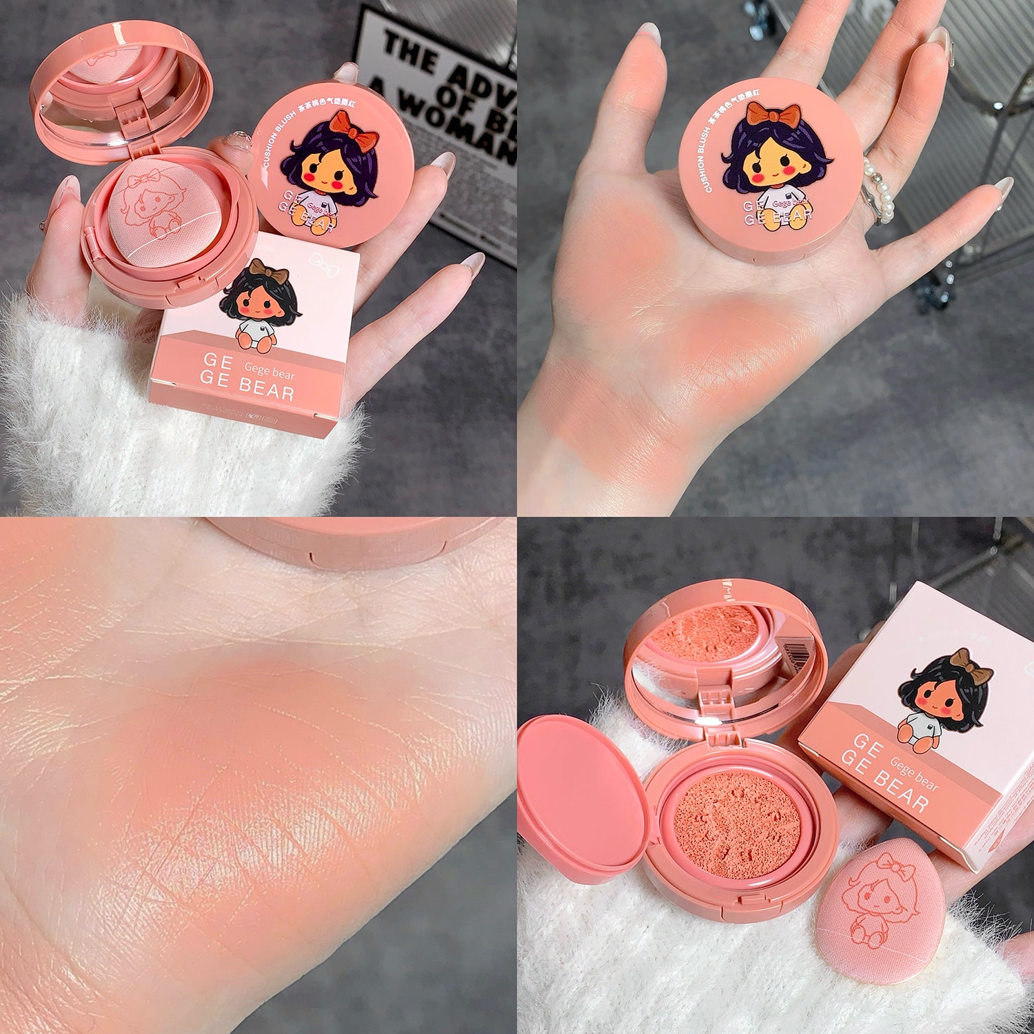 Collage of a pink compact makeup product with cartoon character design, held and swatched on skin.