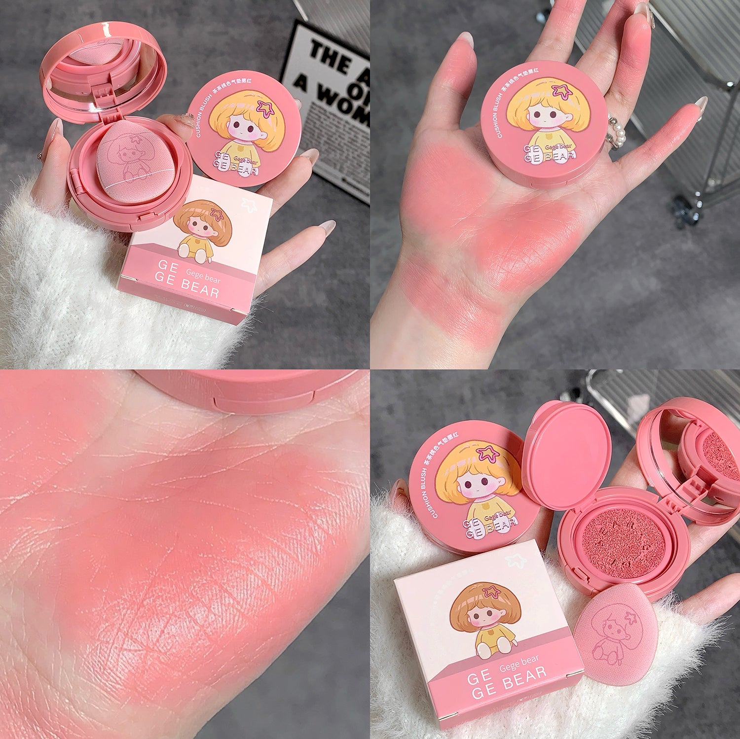 Collage of a pink blush compact with cartoon character design, applied on skin.