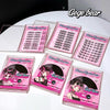 Set of false eyelash packages with pink and black design on a white surface, featuring the brand 'Gege Bear'.