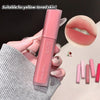 Pink lip gloss held by a hand with close-up of lips wearing the product, suitable for yellow-toned skin.