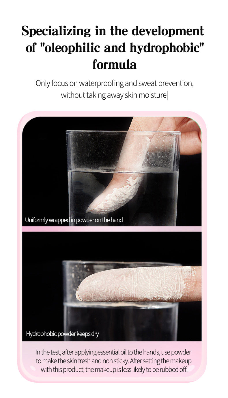 Advertisement for oleophilic and hydrophobic powder with text on waterproofing and sweat prevention.