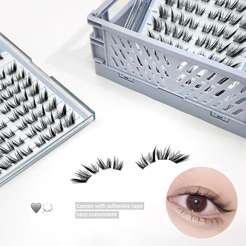 False eyelashes displayed with packaging and an eye wearing the lashes.