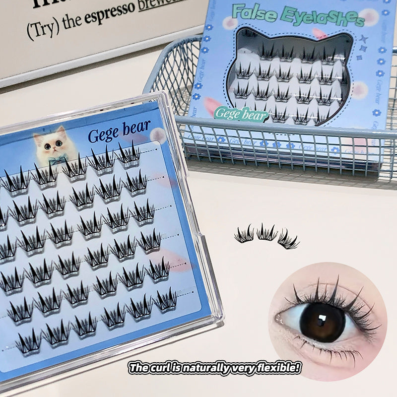 False eyelashes in packaging with a close-up of an eye wearing them, on a white background.