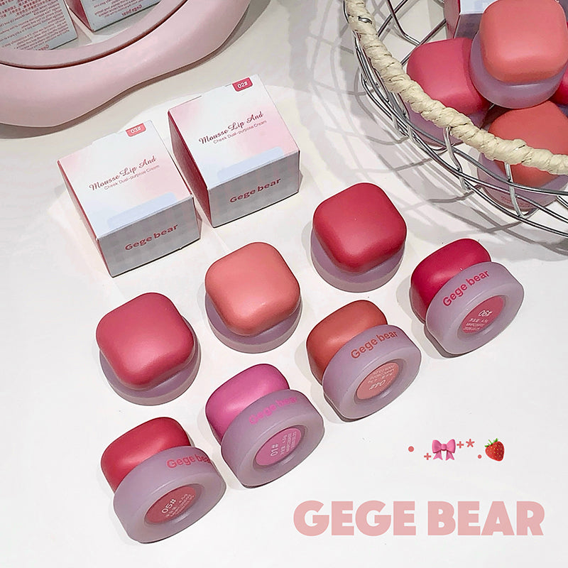 Pink and red cosmetic products with 'GEGE BEAR' branding on a white surface.
