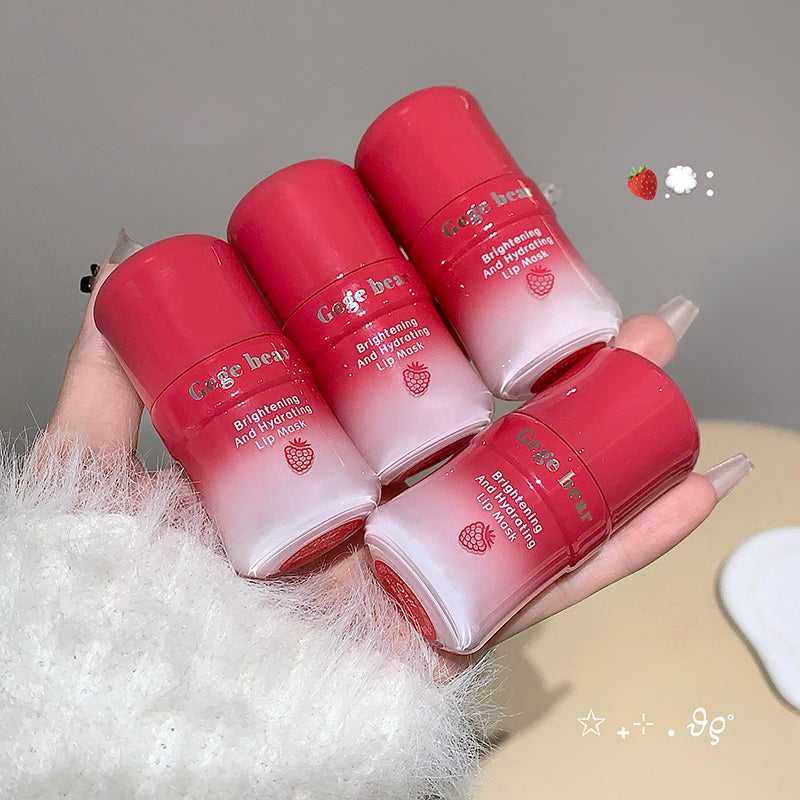 Four red and pink lip balms with 'Cige bee' branding held by a hand against a neutral background.