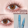 Close-up of an eye with long, well-groomed eyelashes, accompanied by a mascara tube and brush.