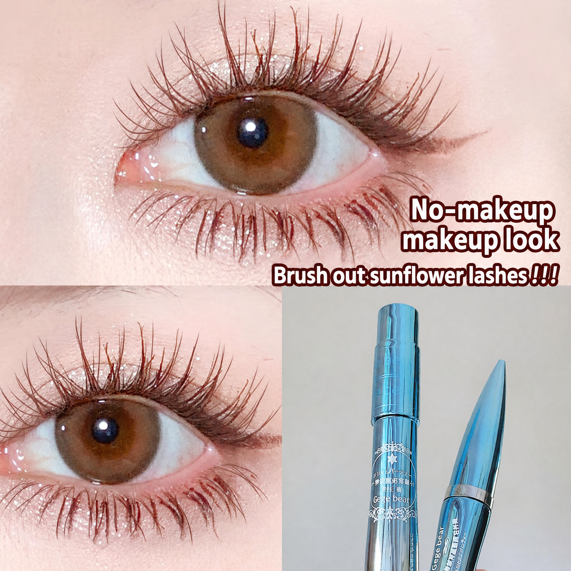 Close-up of an eye with long, well-groomed eyelashes, accompanied by a mascara tube and brush.