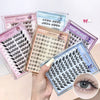 Collection of false eyelashes in various packaging with a close-up of an eye wearing them.