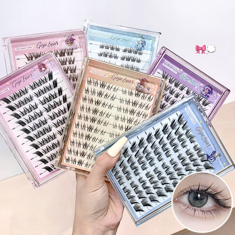 Collection of false eyelashes in various packaging with a close-up of an eye wearing them.