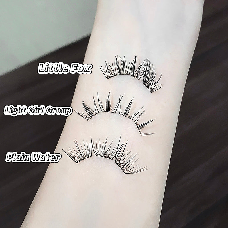 Three pairs of false eyelashes labeled 'Little Fox', 'Light Girl Group', and 'Plain Water' on a person's arm.