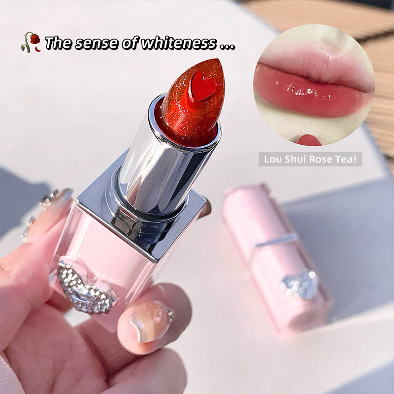 Lipstick with a close-up of lips wearing the shade 'Lou Shui Rose Tea' on a light background.