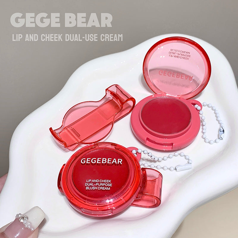GEGEBEAR lip and cheek dual-use cream with red case on a white hand