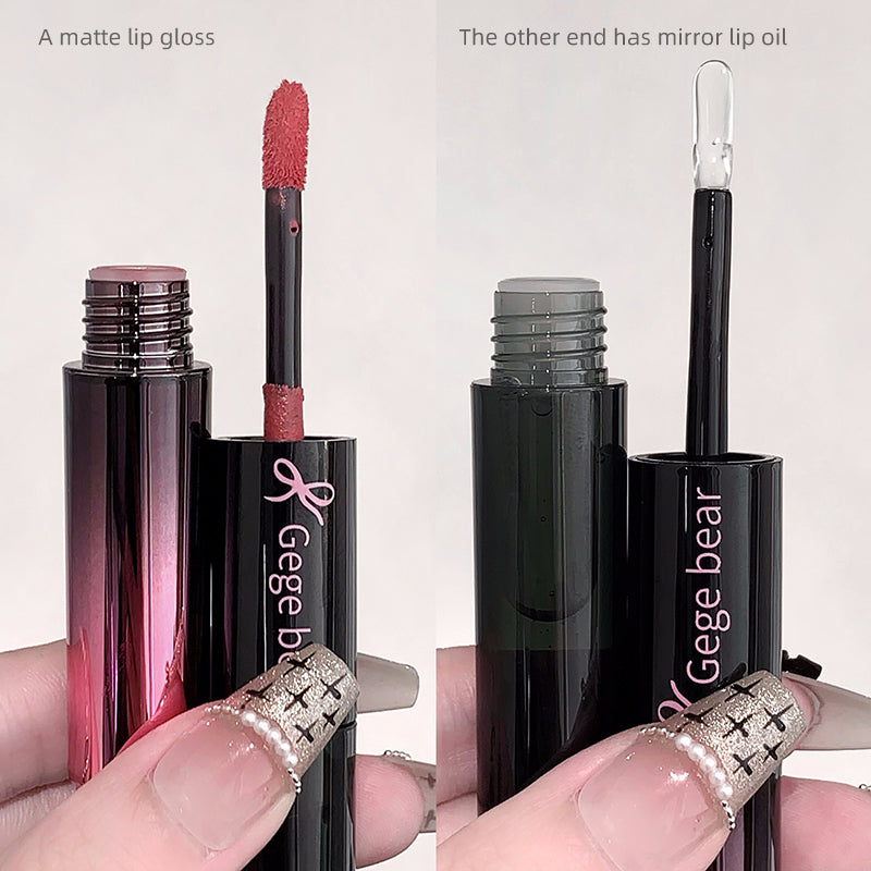 Two lip products labeled 'Gege bear' with one being a matte lip gloss and the other a mirror lip oil.