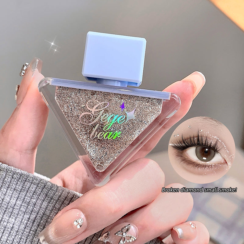 Hand holding a small container of glitter with an inset of a eye wearing the glitter.