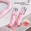 Pink lip gloss with a bow held by a hand, with a close-up of lips and text overlay.