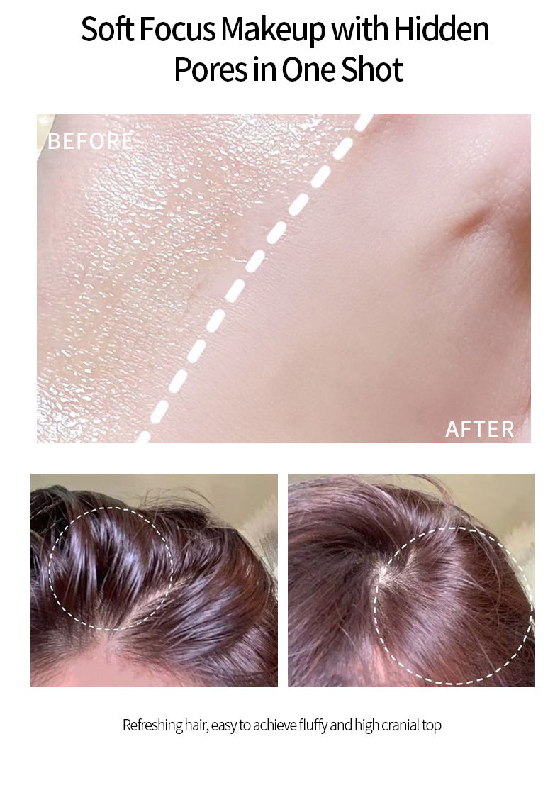 Before and after comparison of soft focus makeup with hidden pores and hair refreshing.