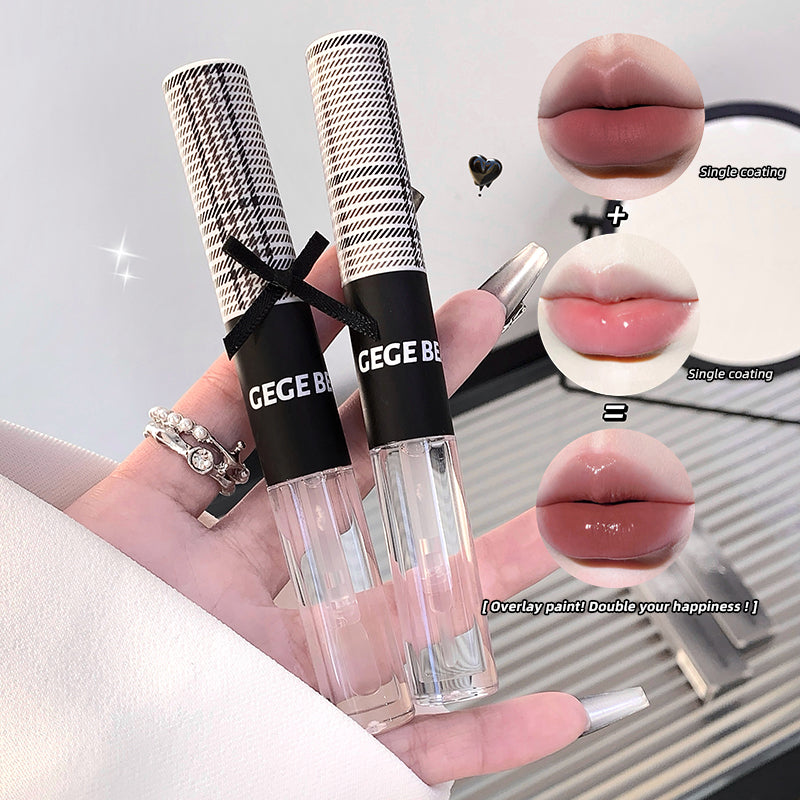 Two lip glosses with 'GECE BE' branding held in a hand, surrounded by close-up images of lips.