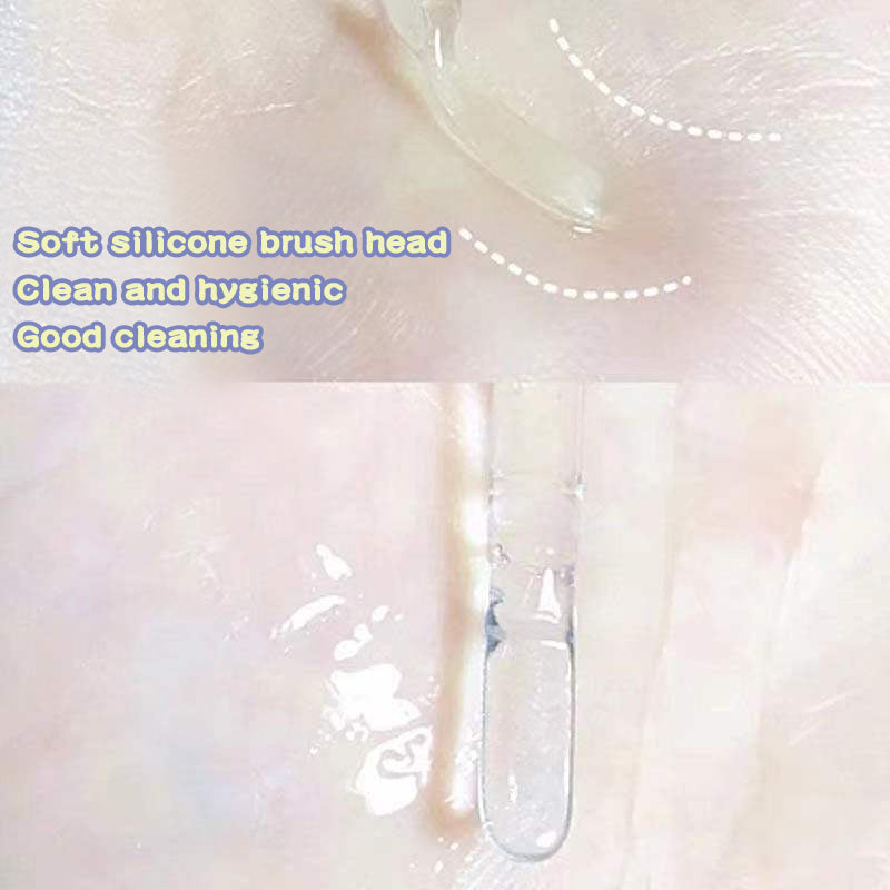 Soft silicone brush head with text on a light background