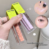 Lip gloss with packaging labeled 'GEGE BEAR' held by a hand, with close-ups of application on lips and eyes.