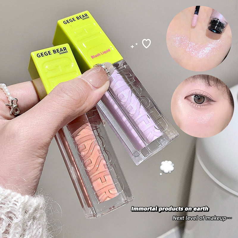 Lip gloss with packaging labeled 'GEGE BEAR' held by a hand, with close-ups of application on lips and eyes.