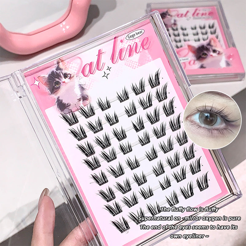 False eyelashes packaging with a close-up of an eye wearing them, on a white surface.
