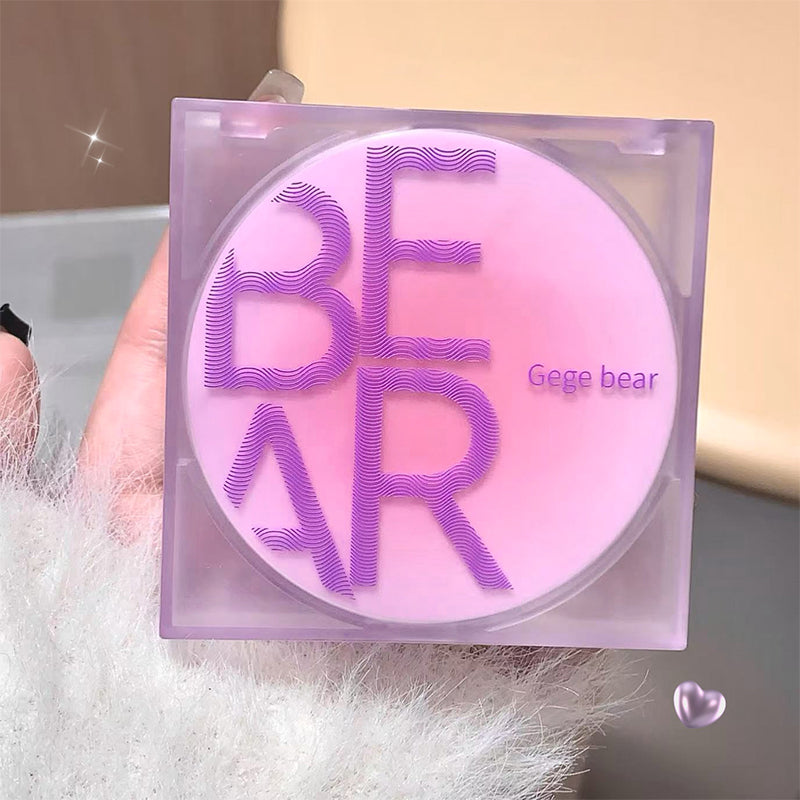 Pink and purple compact powder case with 'BEAR' text and 'Gege bear' branding.