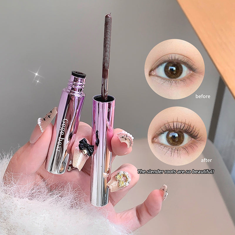 Eyebrow pencil with before and after effects on an eye, held by a hand.