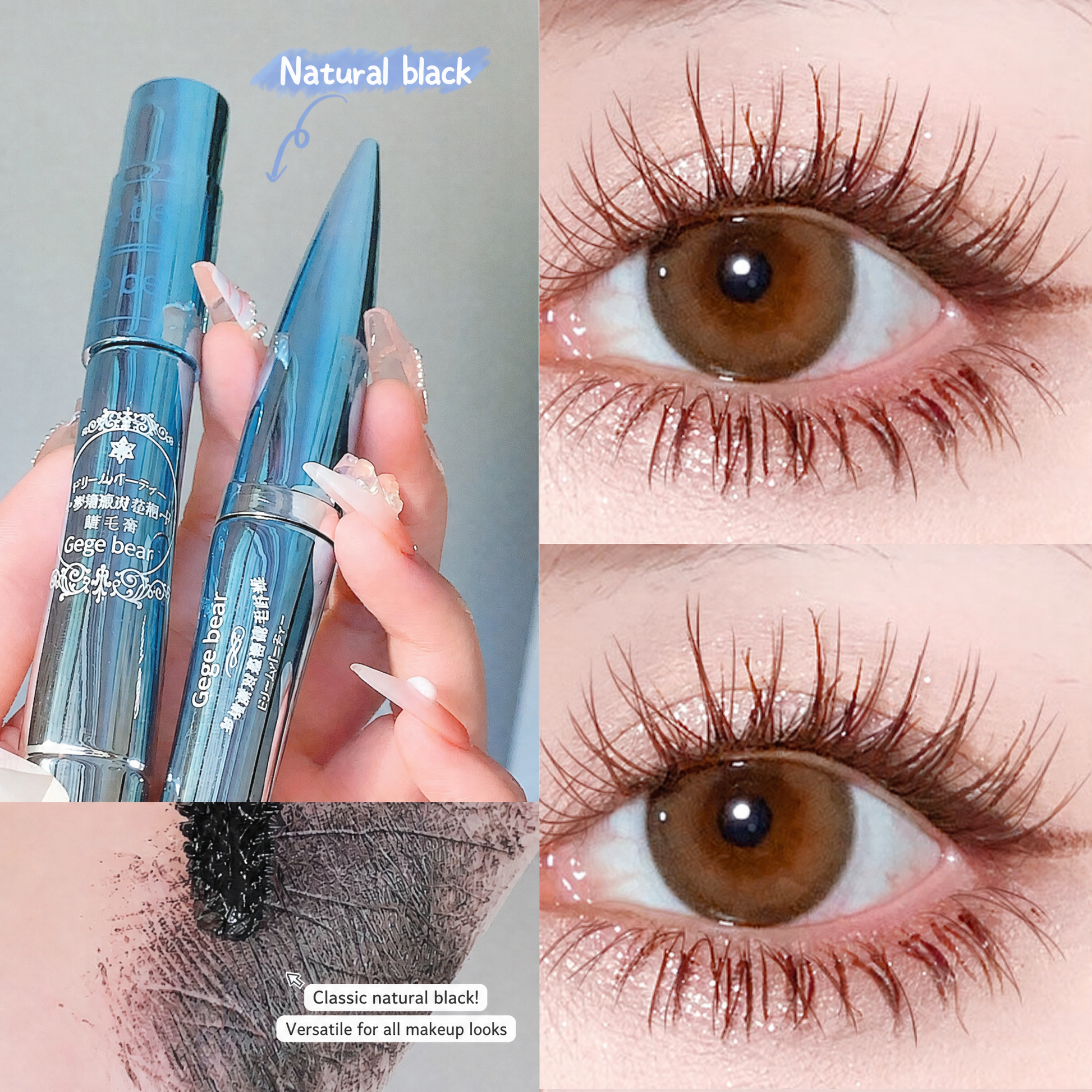 Eyelash product with close-up of application on eyelashes and eye.
