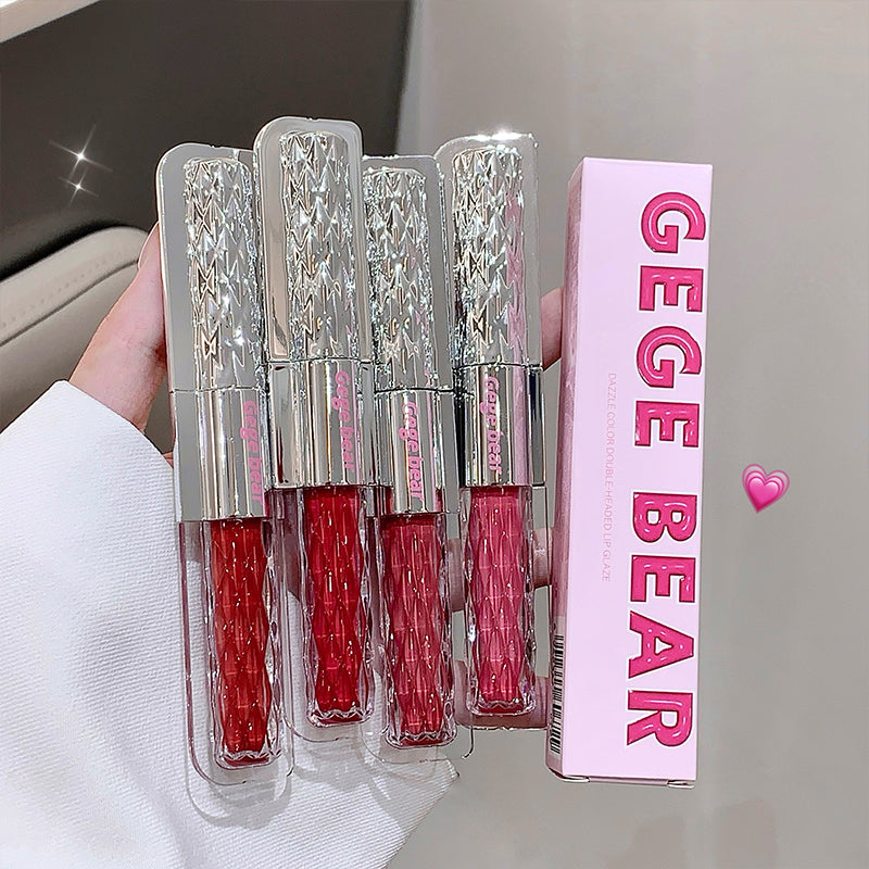 Three lip glosses in clear packaging with a pink 'GEGE BEAR' box.