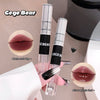 Two lip gloss tubes with 'GEGE BEAR' branding, showing matte and mirror glass finishes on lips.