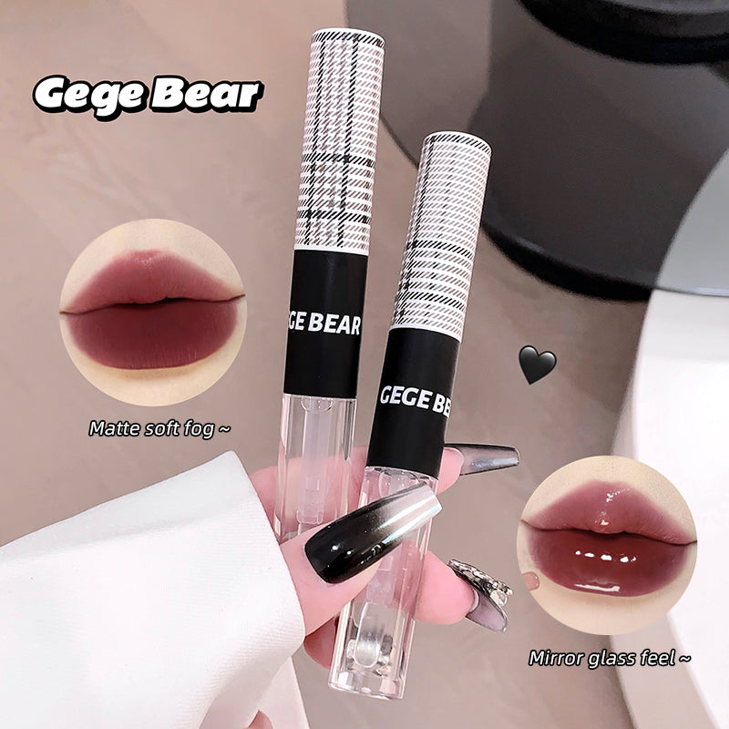 Two lip gloss tubes with 'GEGE BEAR' branding, showing matte and mirror glass finishes on lips.