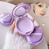 Purple compact powder with 'Gege bear' branding held by a hand, with a blurred face in the corner.
