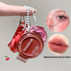 Lip product with 'GEGEBEAR' branding, close-up of eye and lips, and cherry icon.