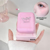 Pink beauty device with 'Bege Wear' branding held by a hand, with a close-up of skin quality improvement.