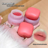 Pink lip balm with 'Gege bear' branding held by a hand, with text and inset of lips.